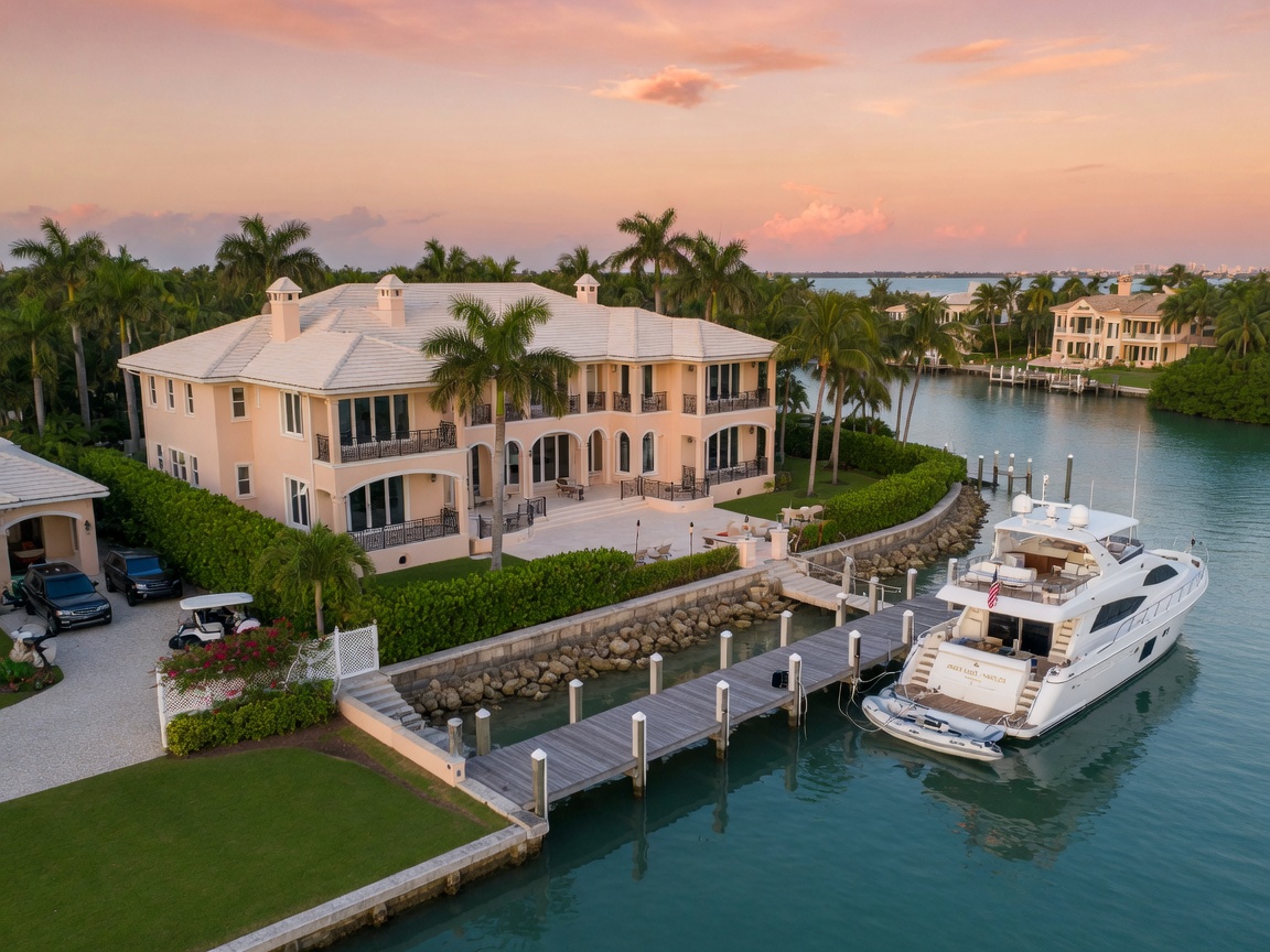Ultra-realistic 8K image of a stunning Aqualane Shores waterfront mansion in Naples Florida with a large yacht docked at the private pier
