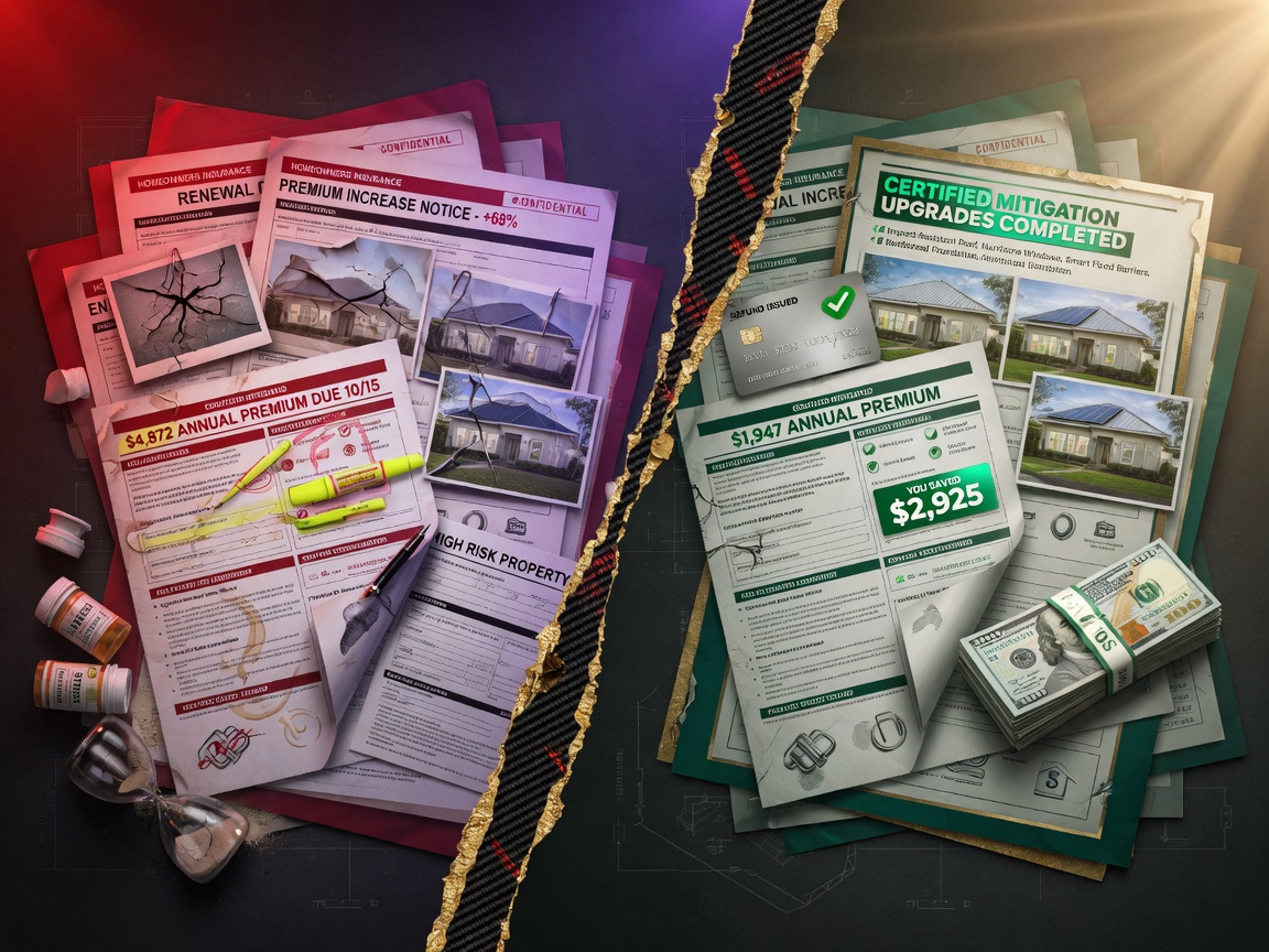 Dramatic before-and-after composite image showing high insurance premium documents transforming into significant savings after home mitigation upgrades, symbolic yet realistic 8K style
