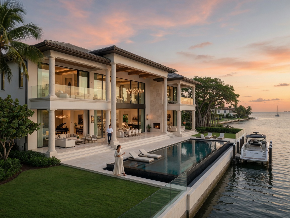 8K architectural photograph of an elegant non-gated luxury waterfront estate in Royal Harbor Naples with open floor plan and Gulf access