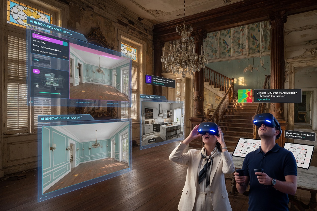 Virtual reality tour of Port Royal mansion with AI renovation overlays showing potential changes, prospective buyers wearing VR headsets, ultra detailed 8K scene