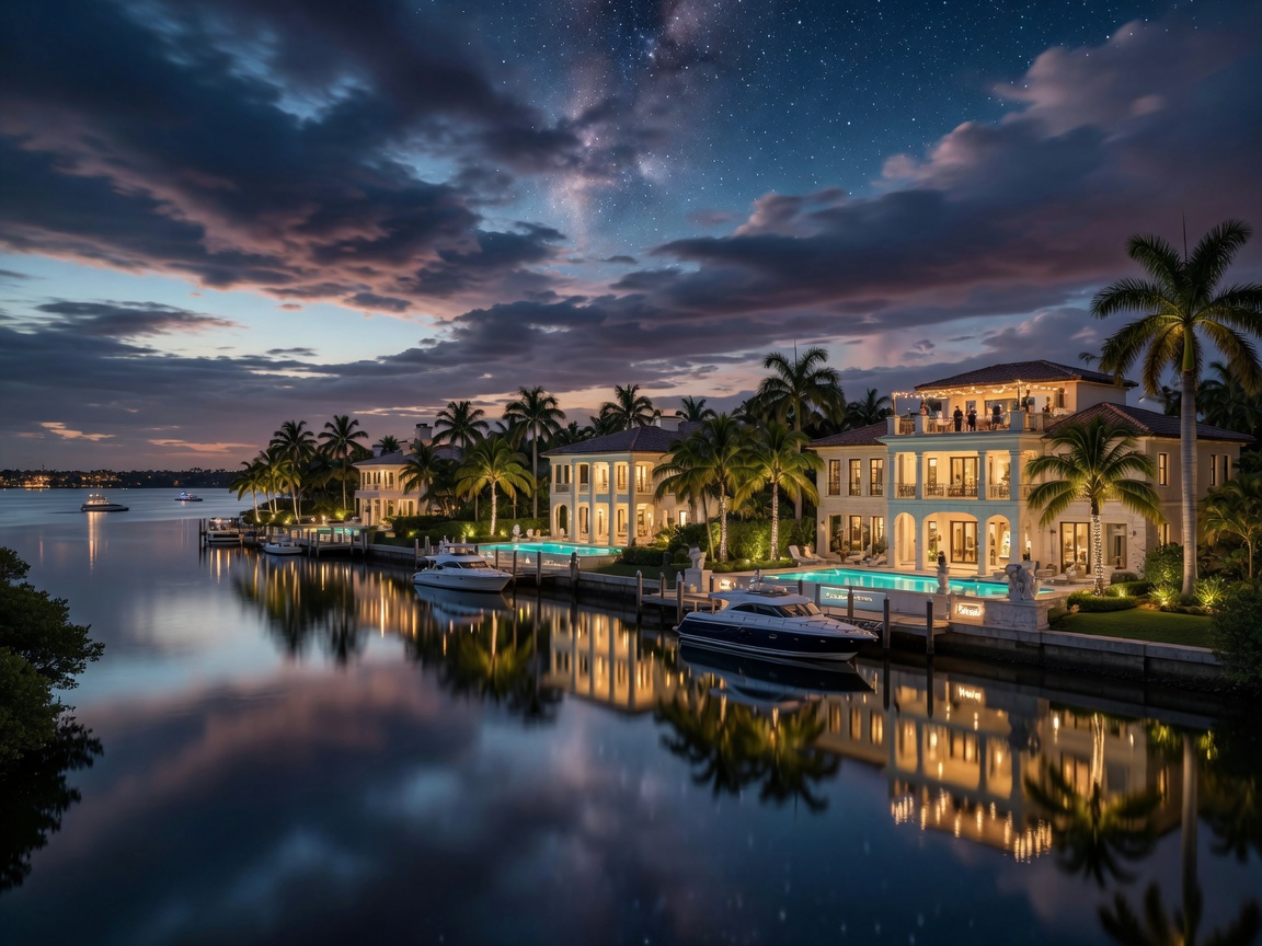 Ultra-realistic 8K night view of illuminated luxury waterfront estates in Port Royal Naples Florida with dramatic clouds and star-filled sky reflected in calm water, long exposure effect