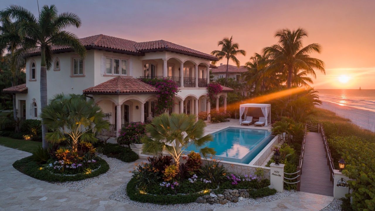 Cinematic 8K photograph of a luxury Pelican Bay Naples home with private beach access and elegant tropical landscaping at sunrise
